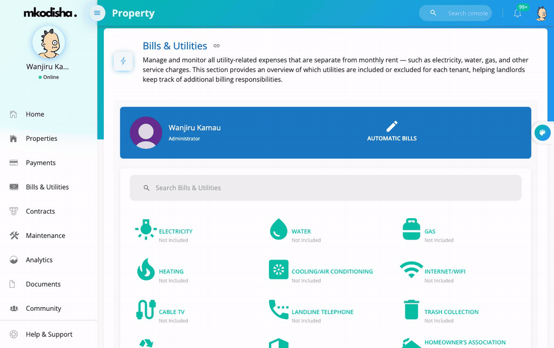 A building's Bills & Utilities section and its Automatic Bills