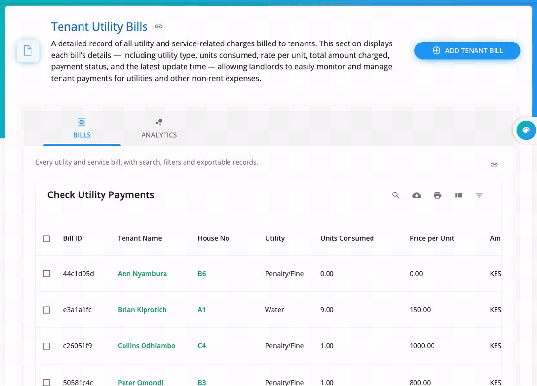 The bills list, then the Analytics tab