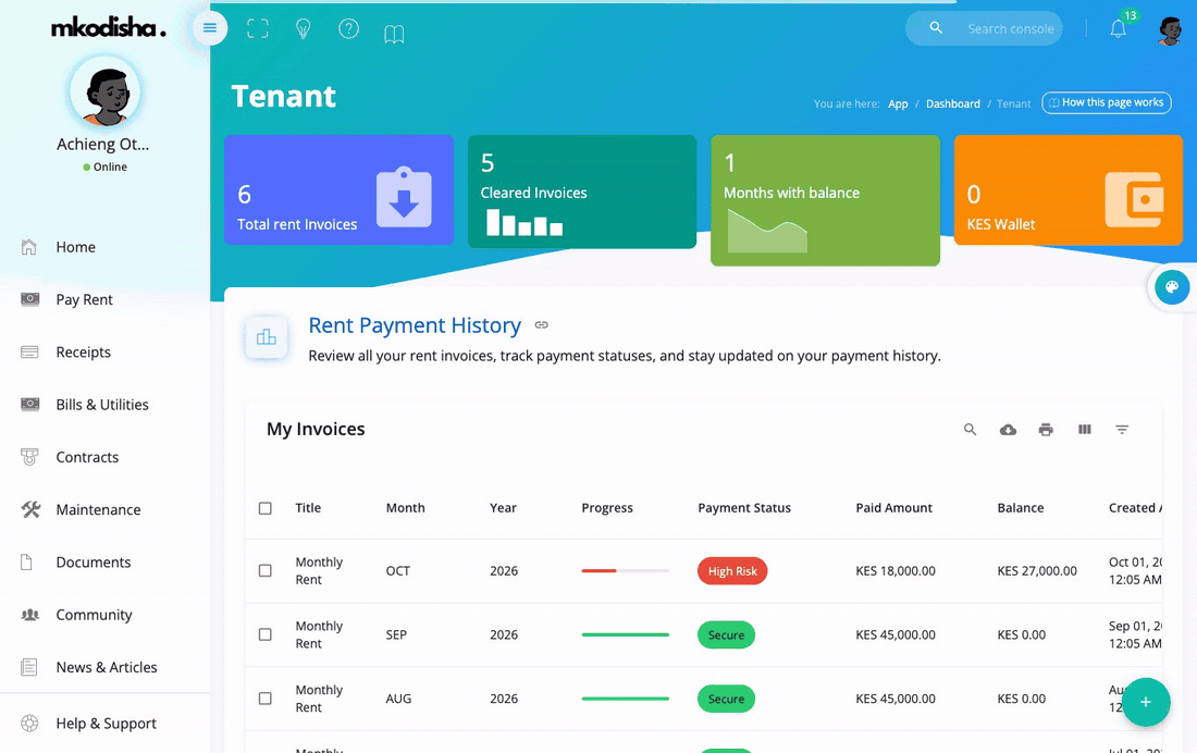 The tenant home page: invoice counts, months with a balance, the wallet, and the rent history