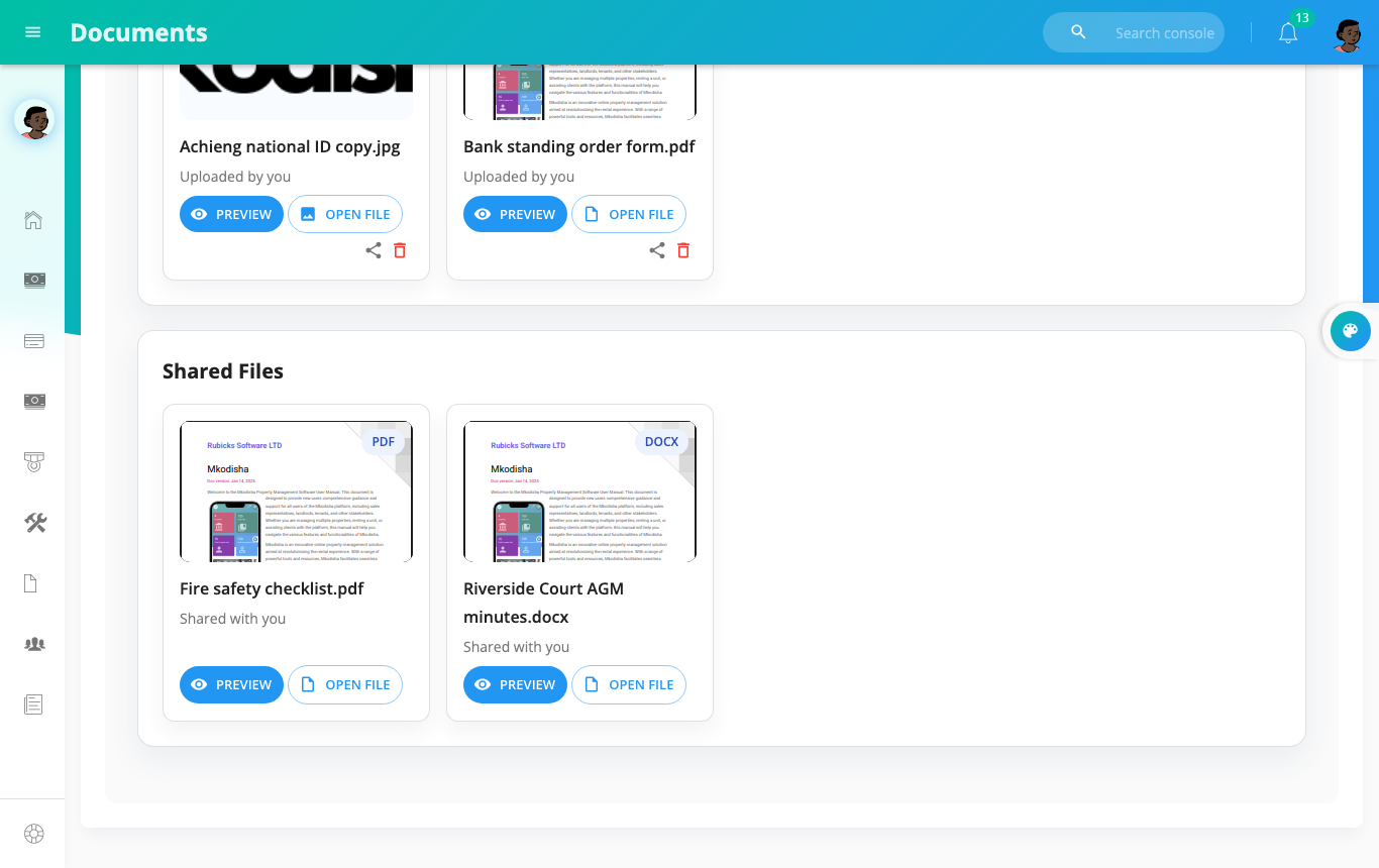 A tenant's Documents page with files shared by the landlord