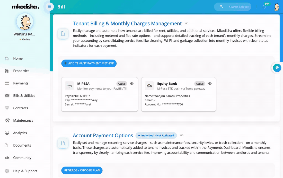 Your payment methods, and adding a new one: M-Pesa paybill, Tuma bank, or Stripe