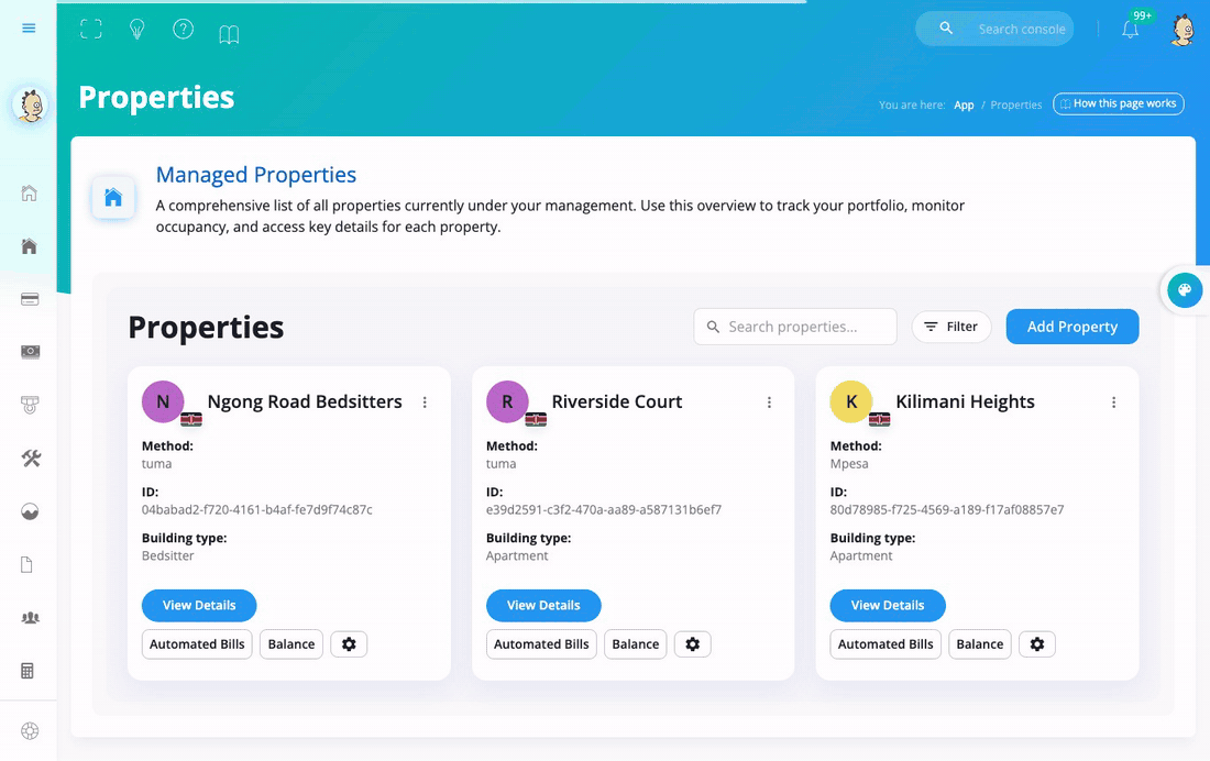 The Properties page: one card per building, then View Details opens it