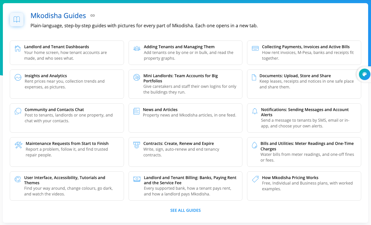 The Mkodisha Guides list on the Help & Support page